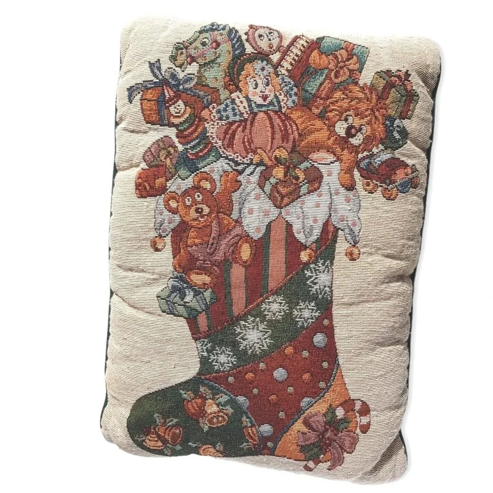 Vintage Christmas Tapestry Throw Pillow Cream Green Stocking Toys 16” X 12” Xmas